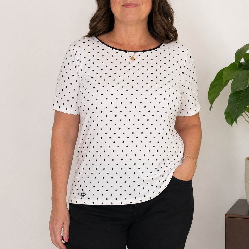 Lauren Ralph Lauren Polka Dot Boat Neck Top XXL White Black Short Sleeve Tee